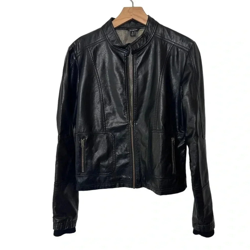 George M black‎ faux leather moto biker distressed jacket